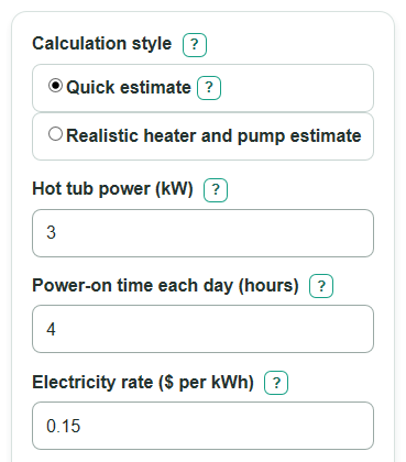 Example inputs for Hot Tub Electricity Cost Calculator