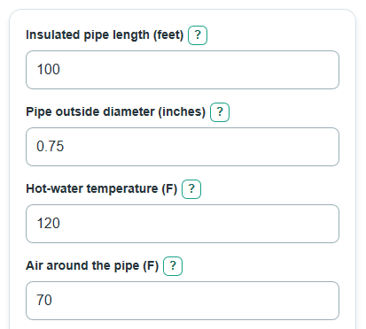 Example inputs for Hot Water Pipe Insulation Savings Calculator