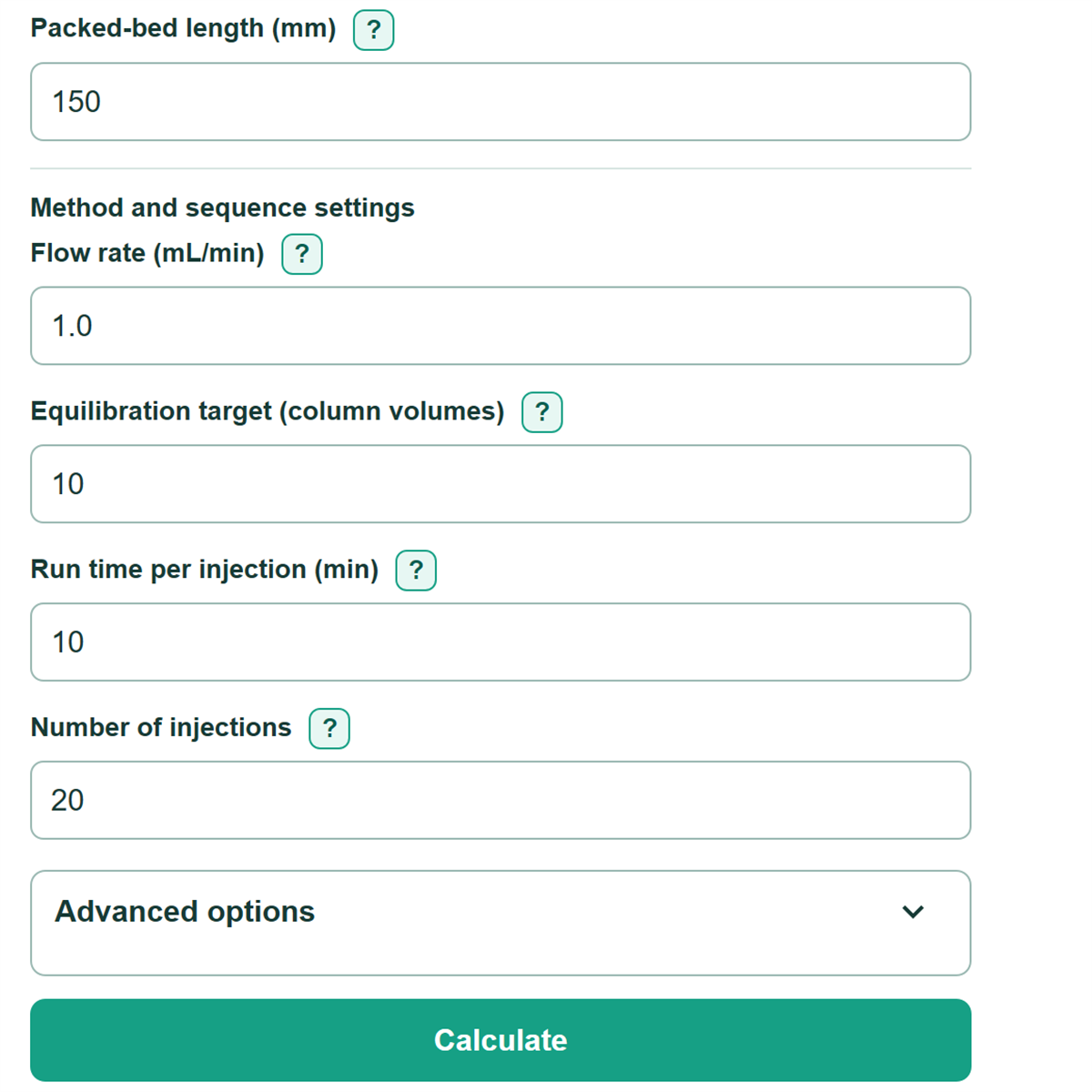 Example inputs for HPLC Column Volume, Equilibration Time and Solvent Use Calculator