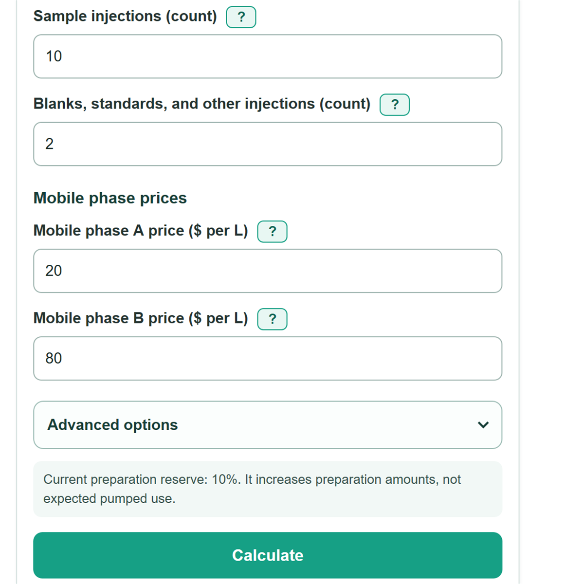Example inputs for HPLC Mobile Phase Blend and Run Cost Calculator