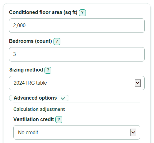 Example inputs for HRV and ERV Sizing Calculator