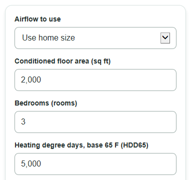 Example inputs for HRV vs ERV Operating Cost Calculator