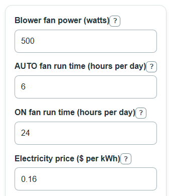 Example inputs for HVAC Fan On vs Auto Cost Calculator