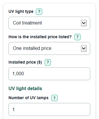 Example inputs for HVAC UV Light Installation and Operating Cost Calculator