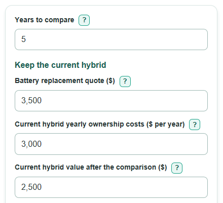 Example inputs for Hybrid Battery Replacement vs Replace Car Cost Calculator