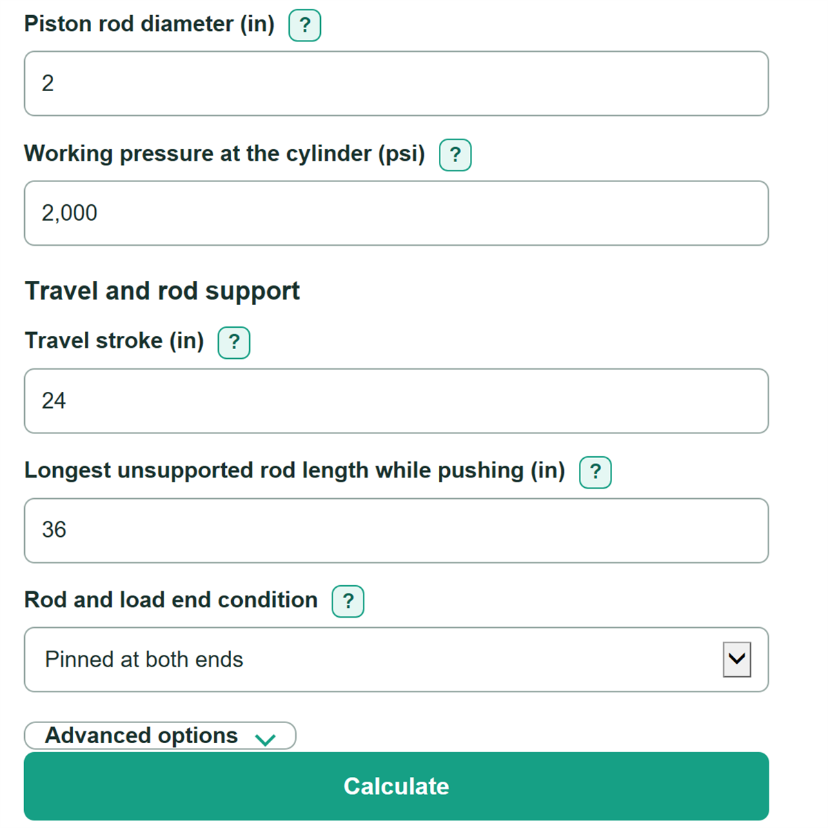 Example inputs for Hydraulic Cylinder Force, Speed, Flow and Rod Buckling Calculator