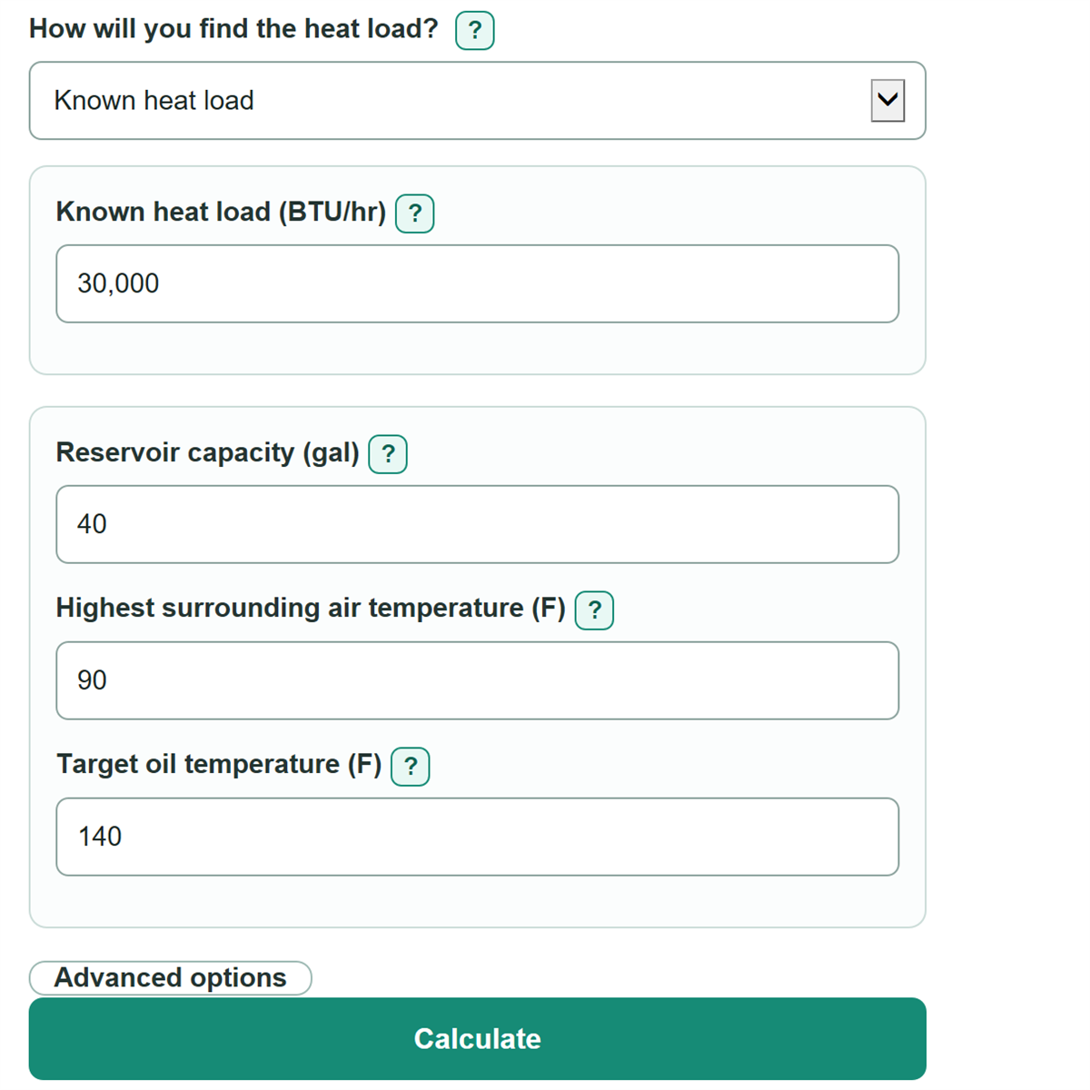 Example inputs for Hydraulic Heat Load and Oil Cooler Size Calculator