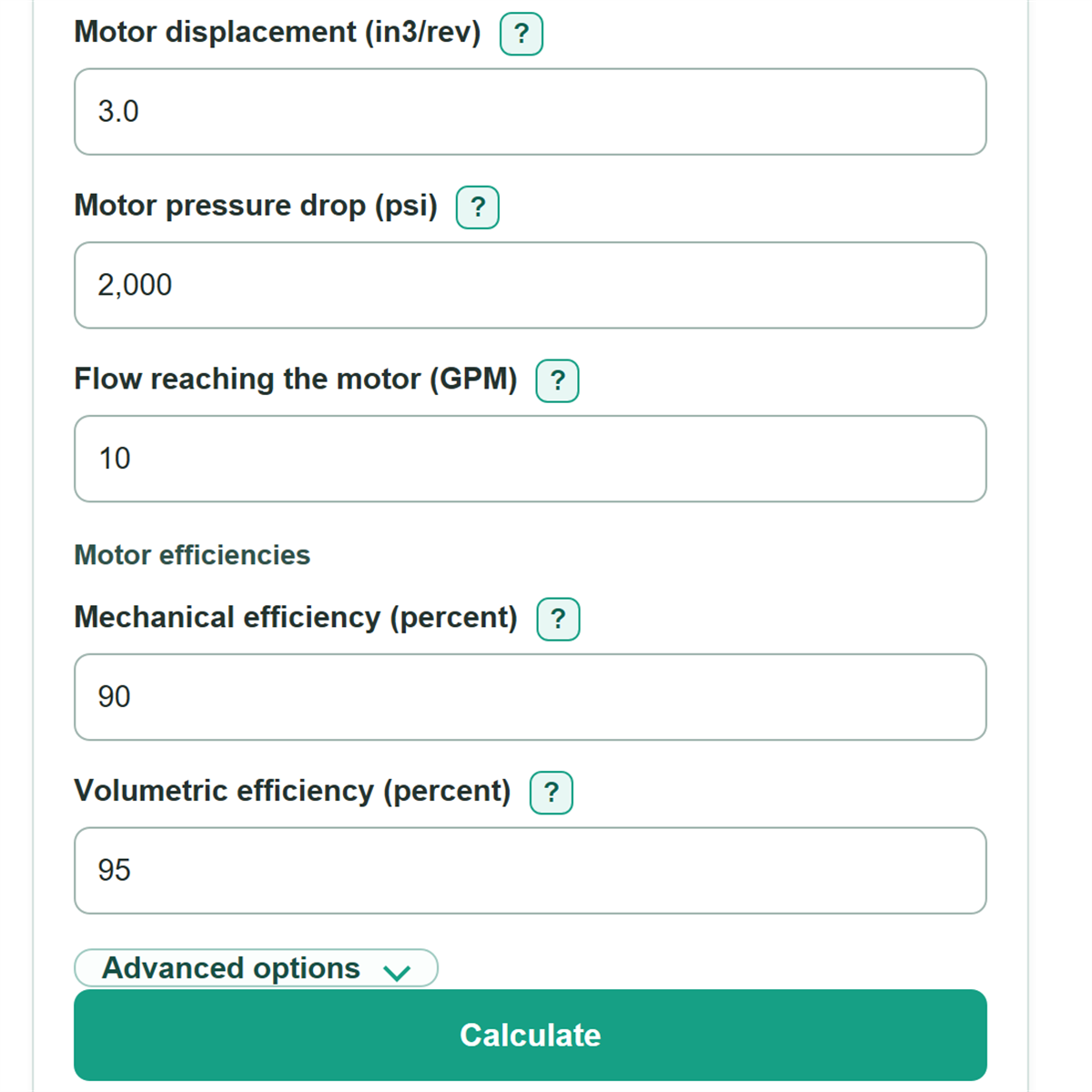 Example inputs for Hydraulic Motor Torque, Speed, Flow and Power Calculator