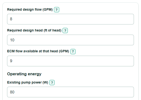 Example inputs for Hydronic Circulator Pump Size and ECM Upgrade Payback Calculator