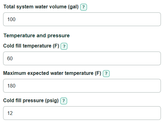 Example inputs for Hydronic Expansion Tank Size and Precharge Calculator