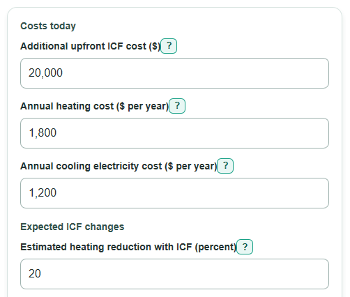 Example inputs for ICF vs Wood-Frame Lifetime Energy Cost Calculator