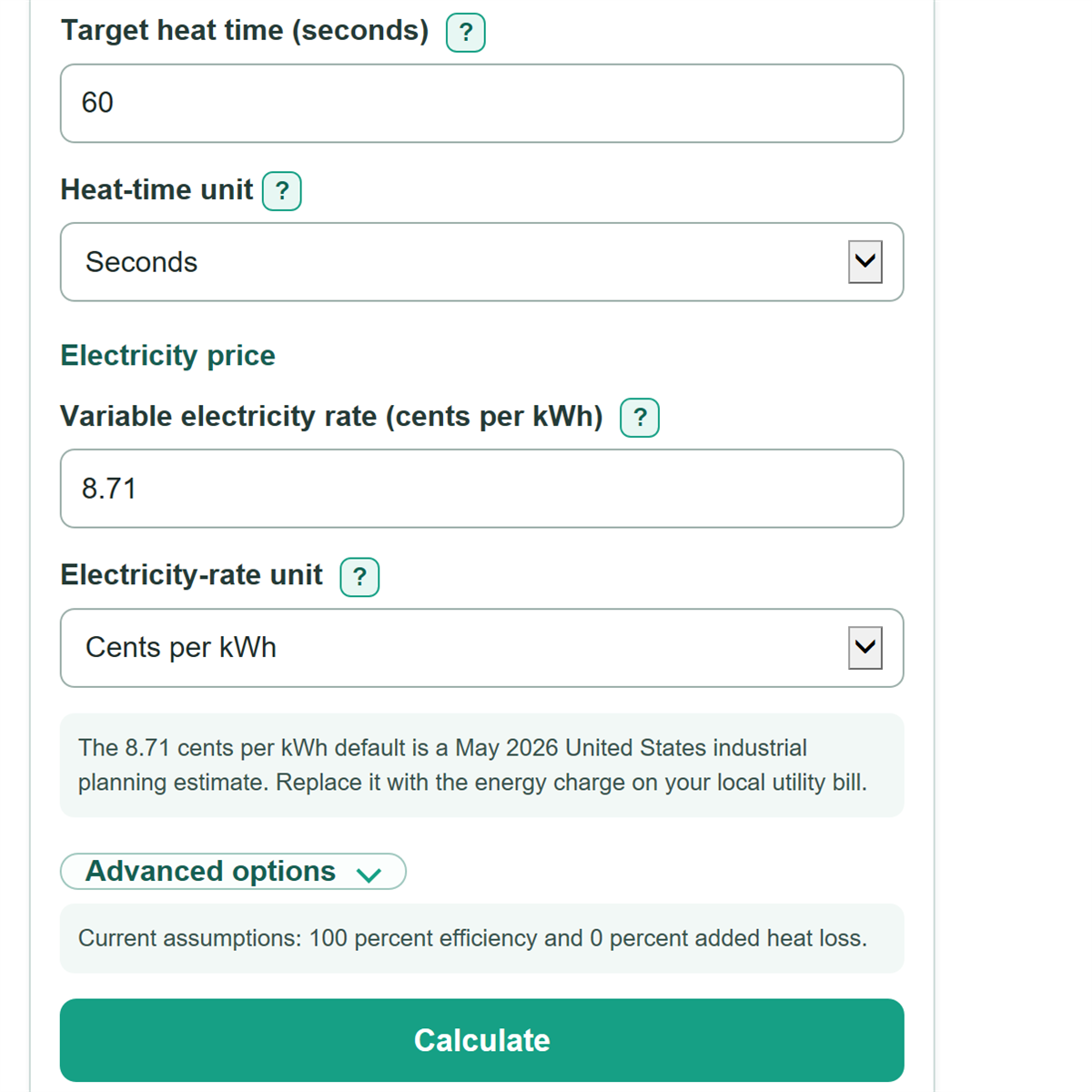 Example inputs for Induction Heating Power, Time and Energy Cost Calculator