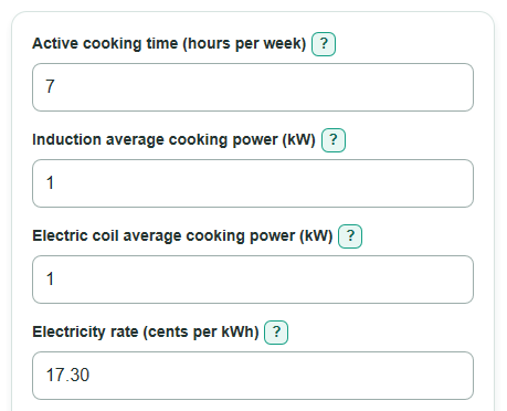 Example inputs for Induction vs Electric Coil Cooktop Lifetime Cost Calculator