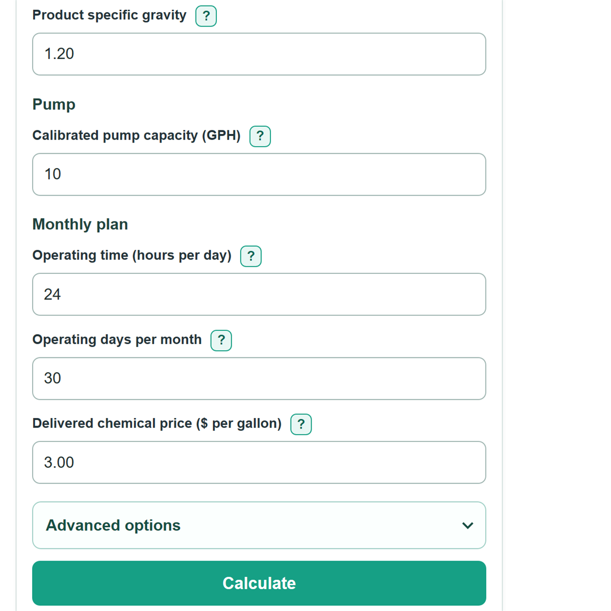 Example inputs for Industrial Chemical Feed Rate, Pump Setting and Cost Calculator