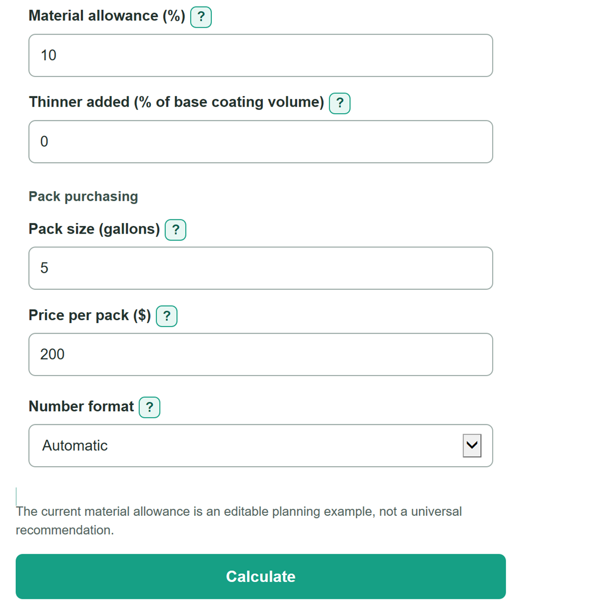 Example inputs for Industrial Coating WFT, DFT and Coverage Calculator