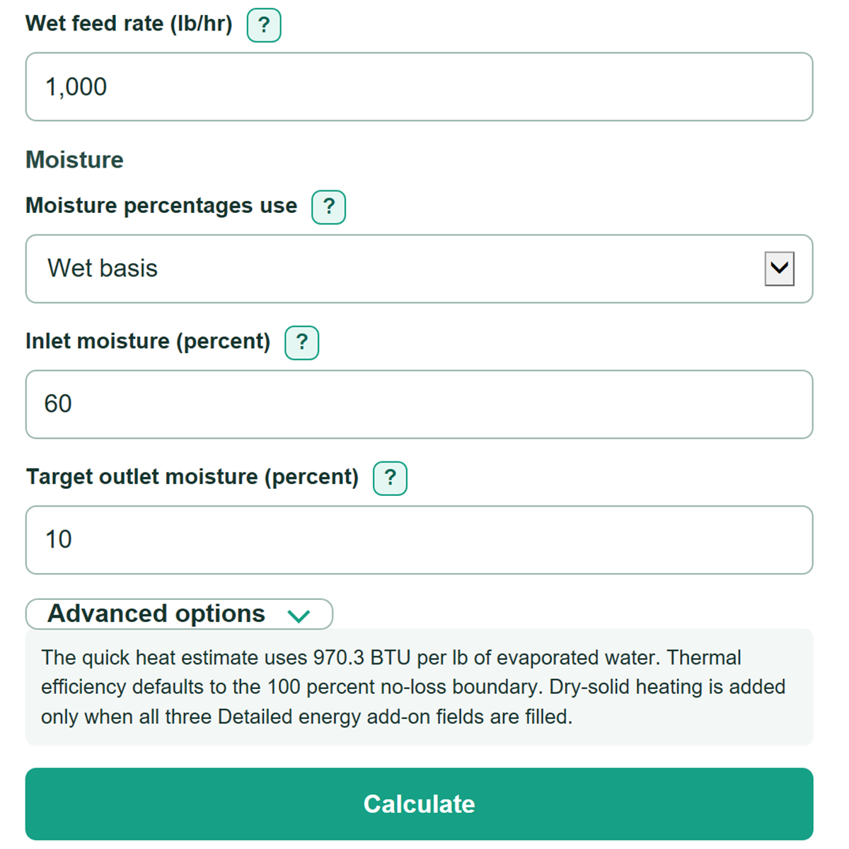Example inputs for Industrial Dryer Evaporation Load Calculator