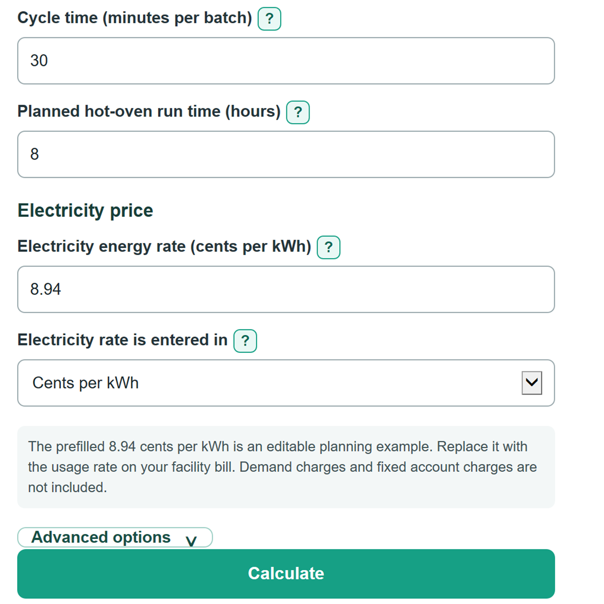 Example inputs for Industrial Oven Energy, Throughput and Cost Calculator