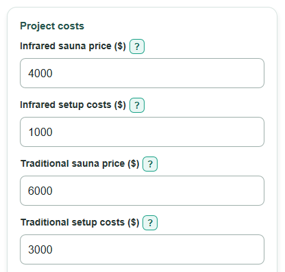 Example inputs for Infrared vs Traditional Sauna Lifetime Cost Calculator