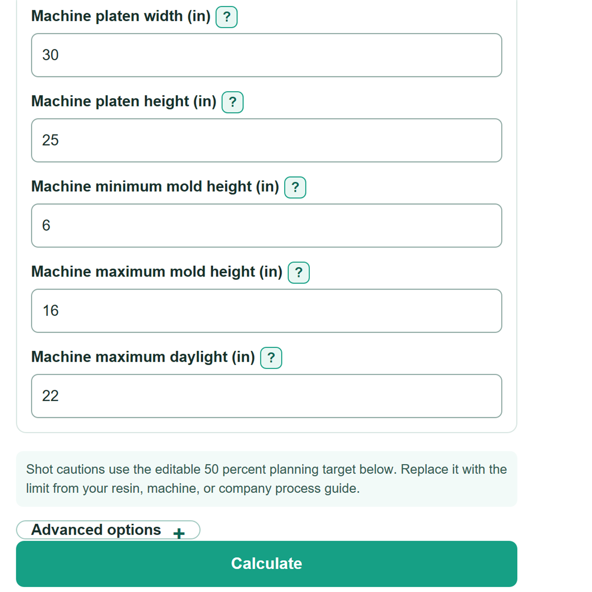 Example inputs for Injection Molding Machine Selection Calculator