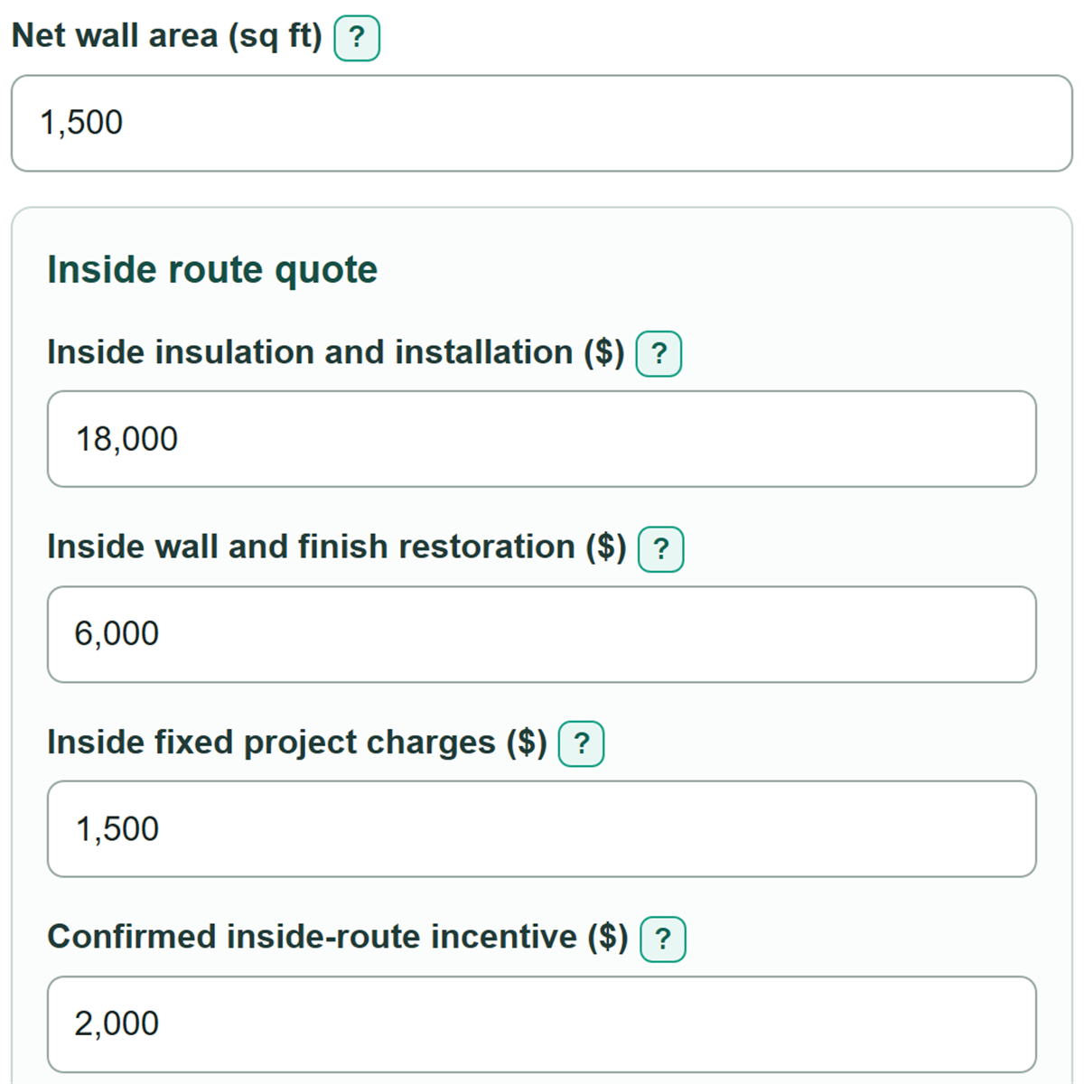 Example inputs for Interior vs Exterior Wall Insulation Cost Calculator