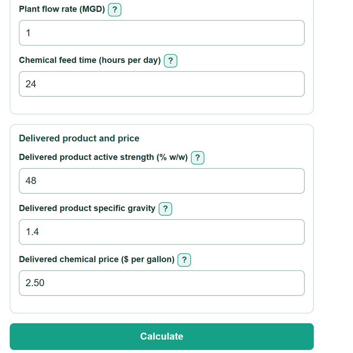 Example inputs for Jar Test Dose Scale-Up, Daily Coagulant Usage and Cost Calculator