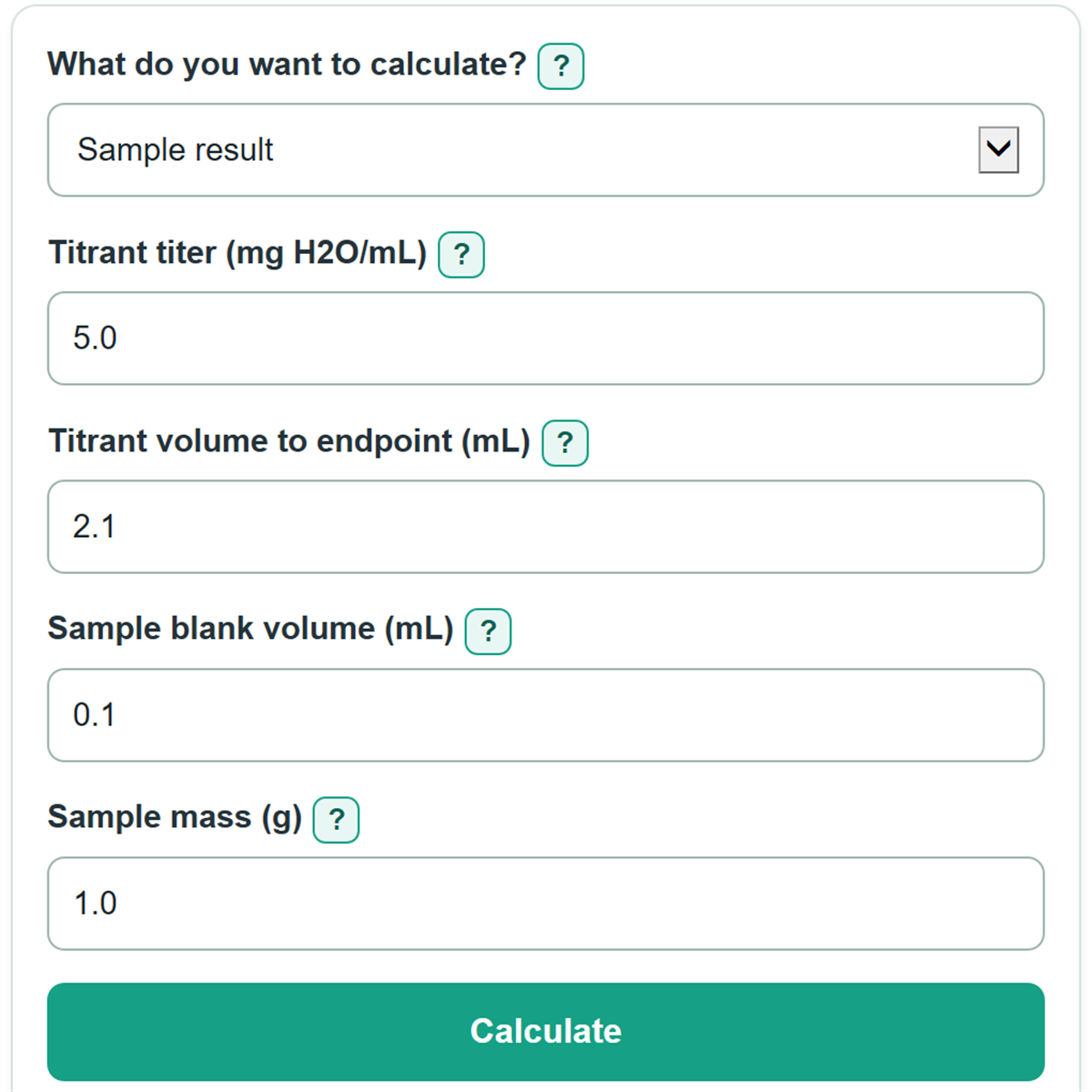 Example inputs for Karl Fischer Moisture, Titer and Reagent Consumption Calculator