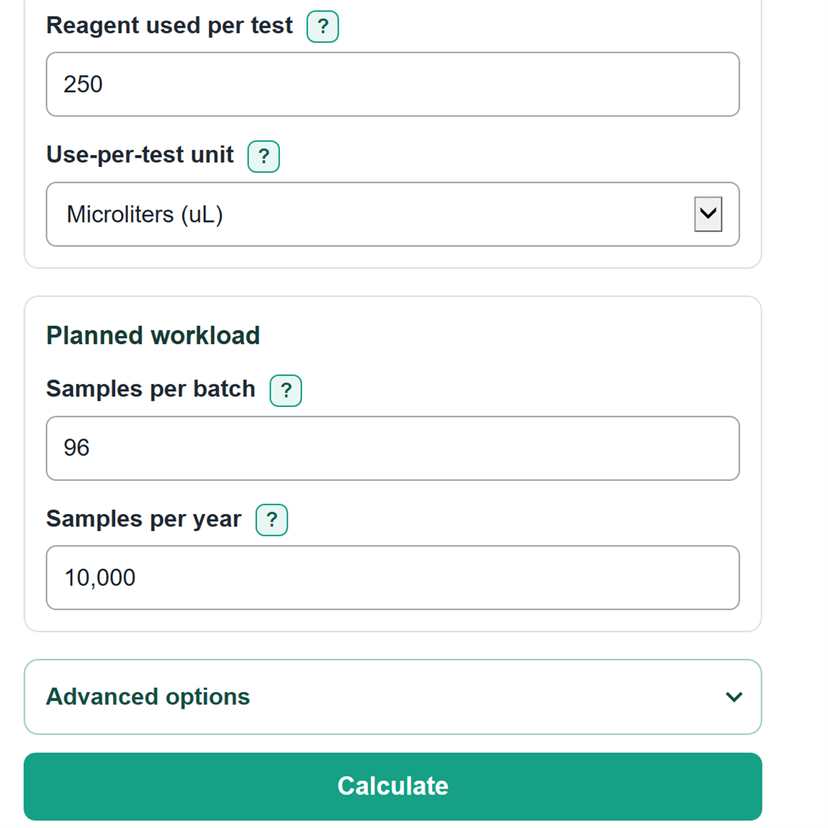 Example inputs for Laboratory Reagent Cost per Test Calculator