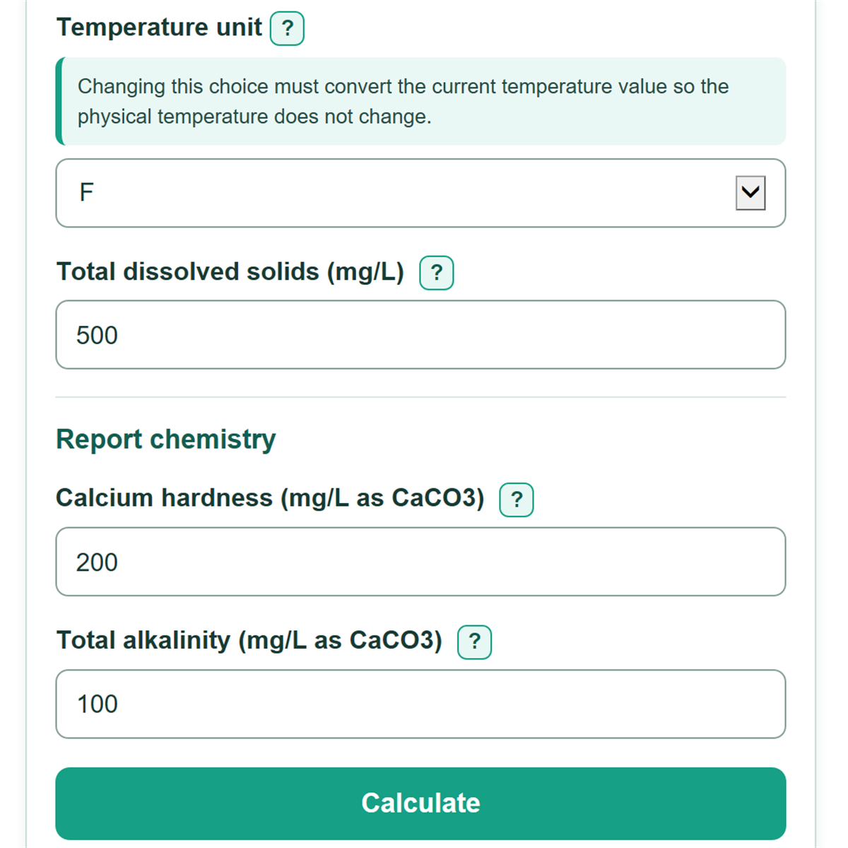 Example inputs for Langelier Saturation Index Calculator