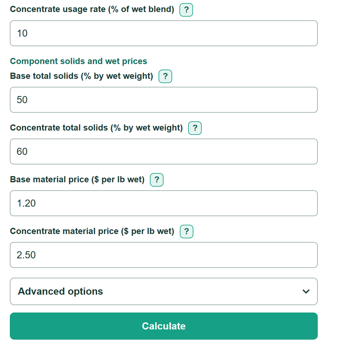 Example inputs for Latex and Polymer Solids Blend, Letdown and Batch Cost Calculator