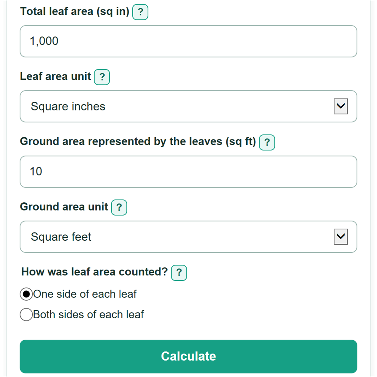 Example inputs for Leaf Area Index and Canopy Cover Calculator