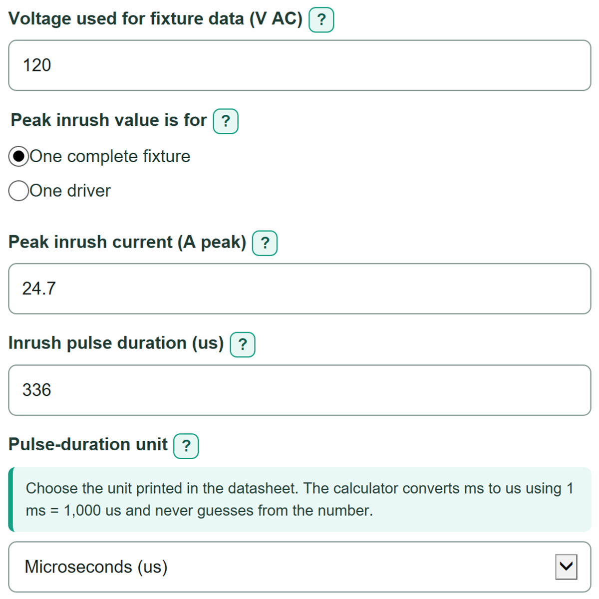 Example inputs for LED Inrush Current and Fixtures per Breaker Calculator