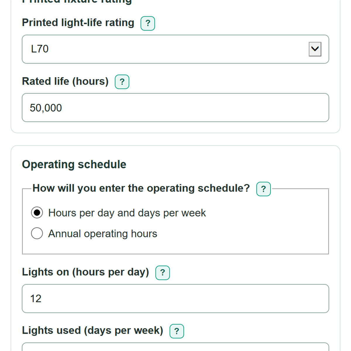 Example inputs for LED L70/L80 Useful Life and Group Replacement Calculator