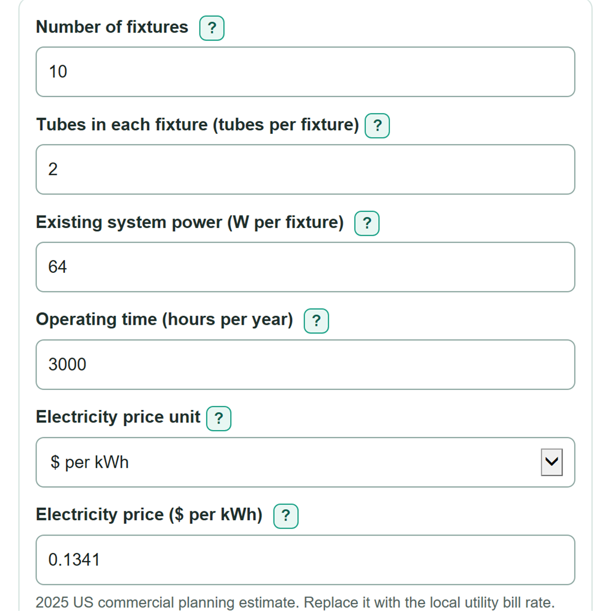 Example inputs for LED Tube Type A vs Type B vs Type C Lifetime Cost Calculator