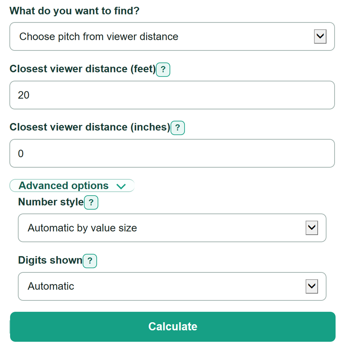 Example inputs for LED Video Wall Pixel Pitch and Viewing Distance Calculator
