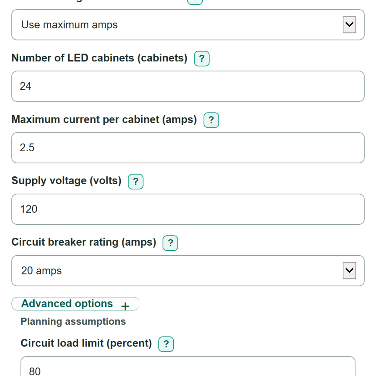 Example inputs for LED Video Wall Power and Circuit Size Calculator