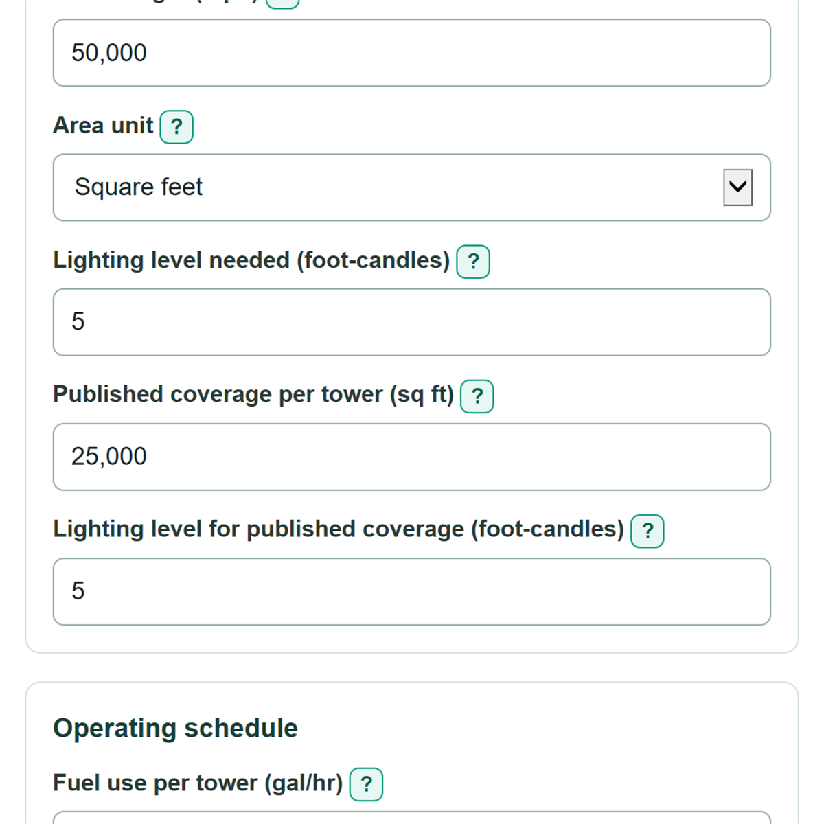 Example inputs for Light Tower Coverage and Cost Calculator
