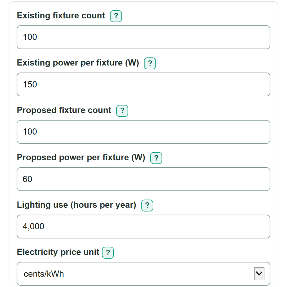 Example inputs for Lighting as a Service vs Buy or Finance TCO Calculator