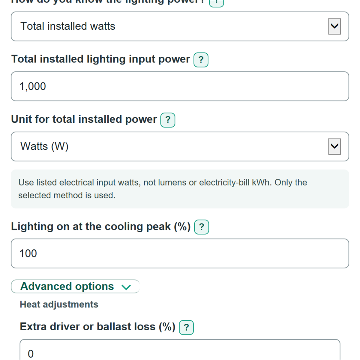 Example inputs for Lighting Heat Gain and Cooling Load Calculator