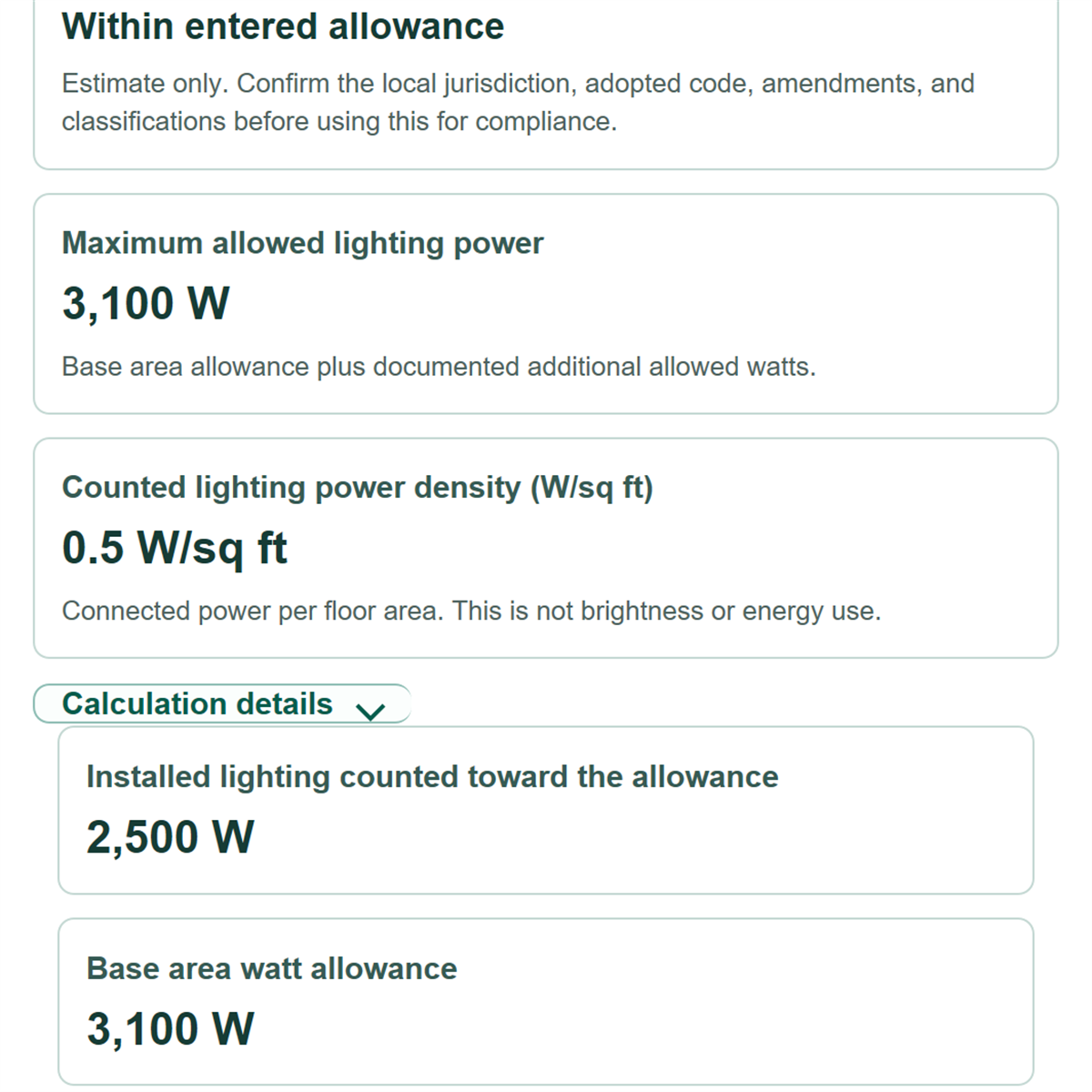 Example results from Lighting Power Density and Wattage Allowance Calculator