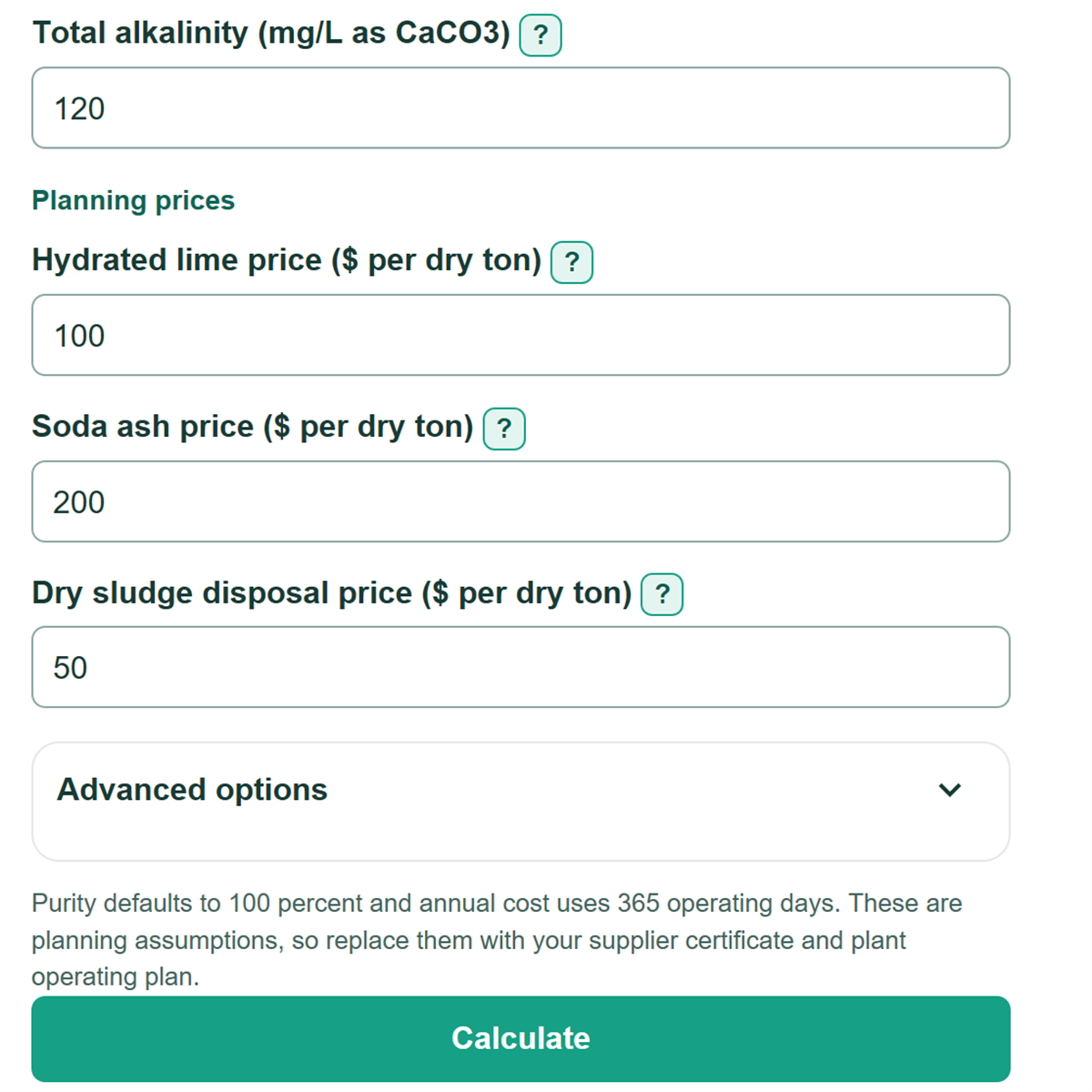 Example inputs for Lime-Soda Ash Softening Cost Calculator