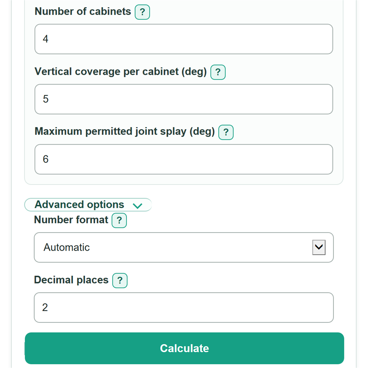 Example inputs for Line Array Splay Angle, Vertical Coverage and Throw Calculator