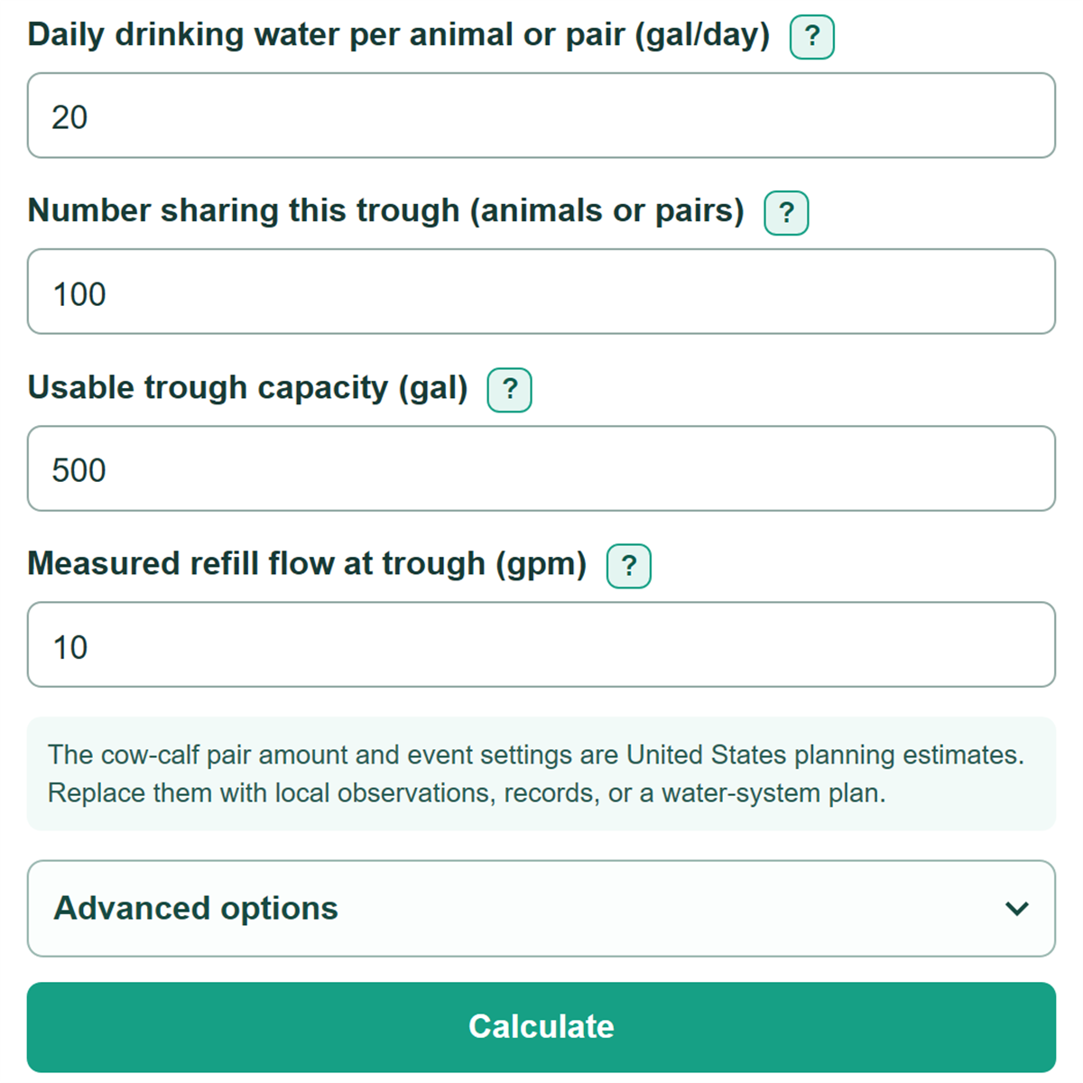 Example inputs for Livestock Water Demand and Trough Refill Calculator