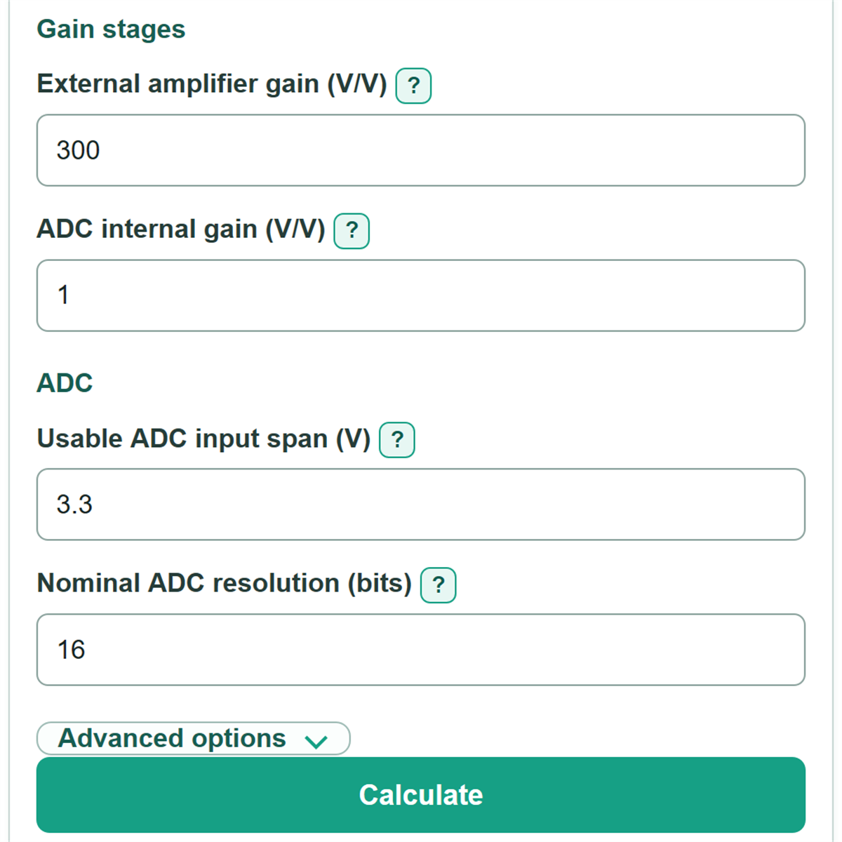 Example inputs for Load Cell mV/V Output, Gain and ADC Resolution Calculator