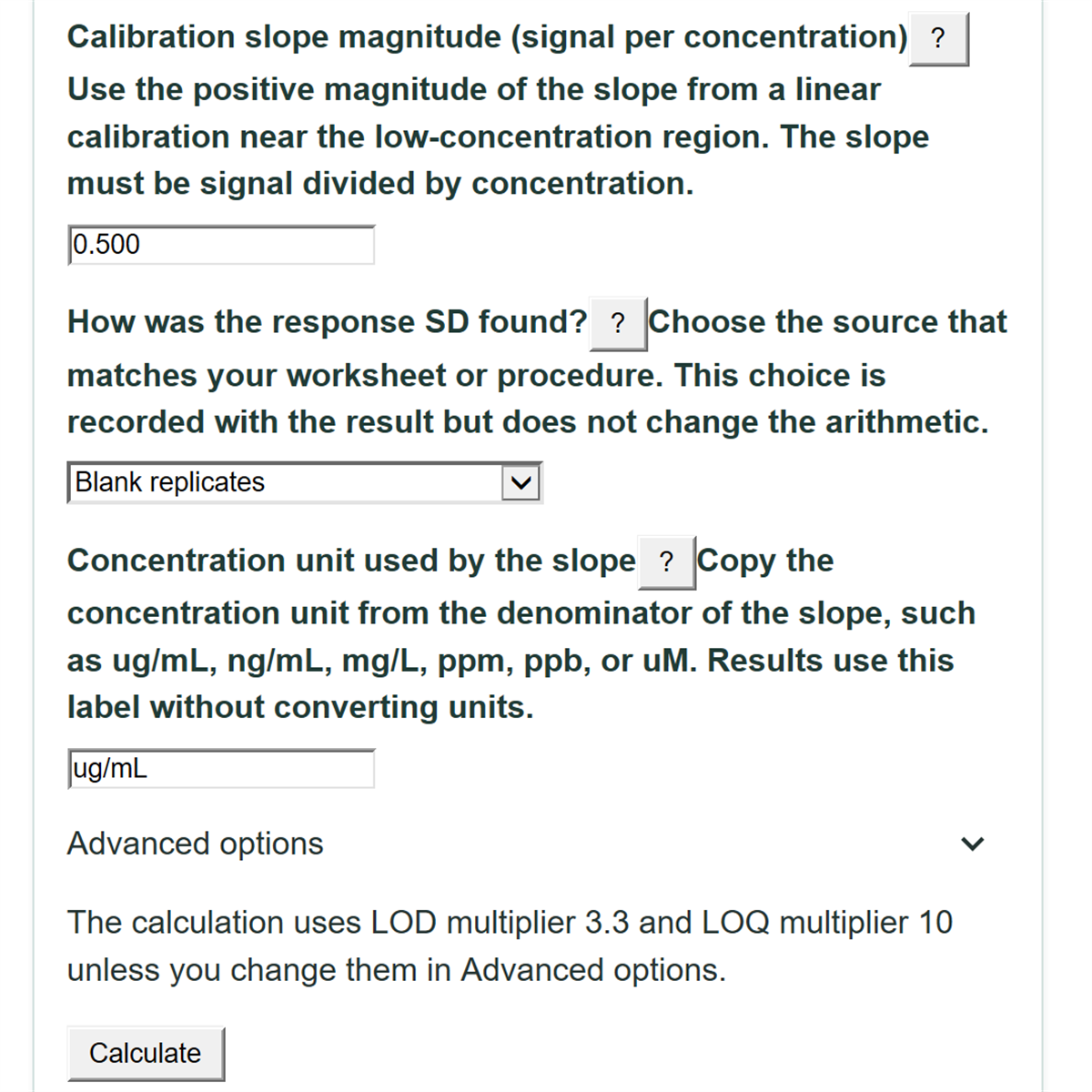 Example inputs for LOD and LOQ from Slope and Blank SD Calculator
