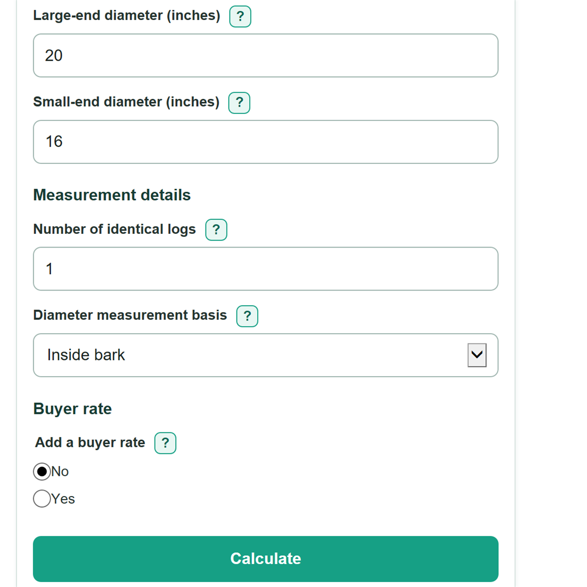 Example inputs for Log Volume and Value Calculator