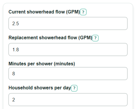 Example inputs for Low-Flow Showerhead Savings Calculator