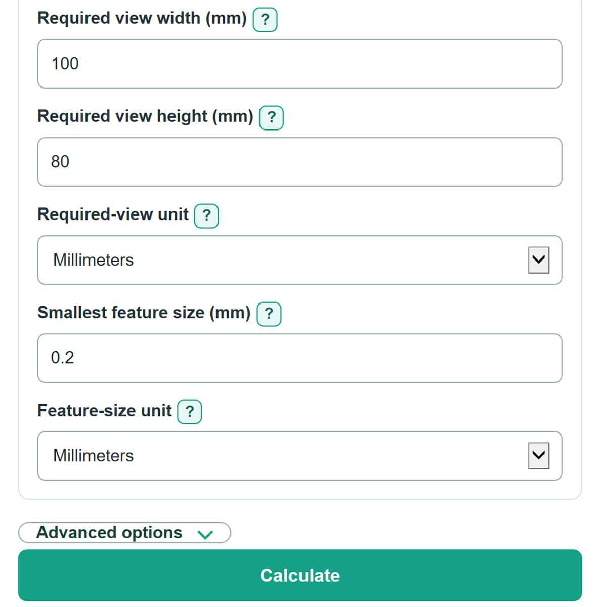 Example inputs for Machine Vision Lens and Field of View Calculator
