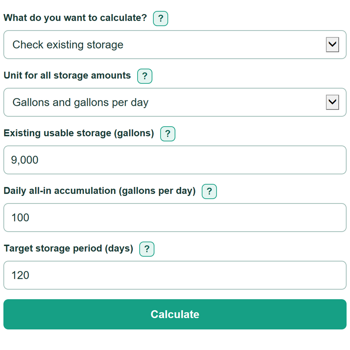 Example inputs for Manure Storage Volume and Days Capacity Calculator