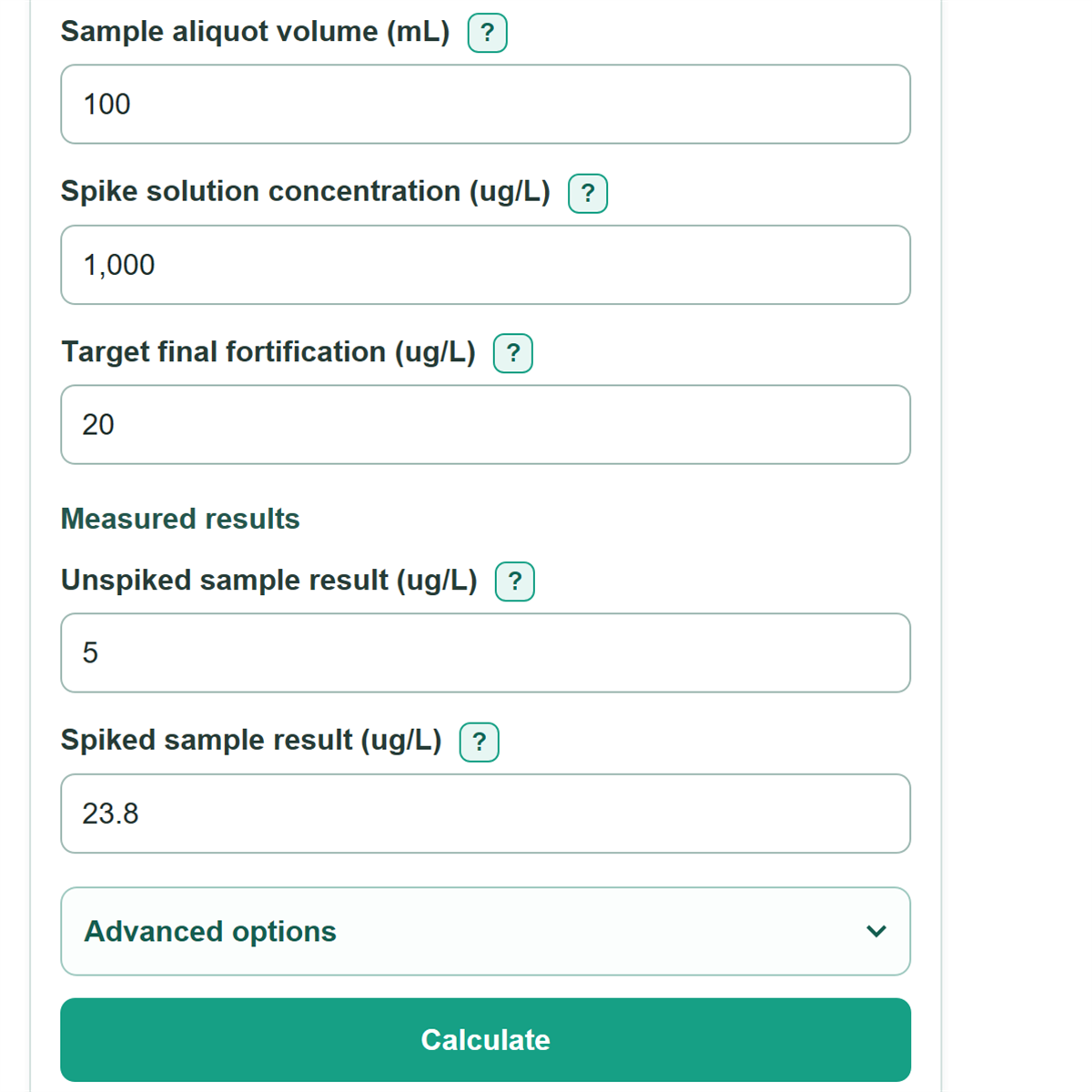 Example inputs for Matrix Spike Volume, Recovery and Final Fortification Calculator