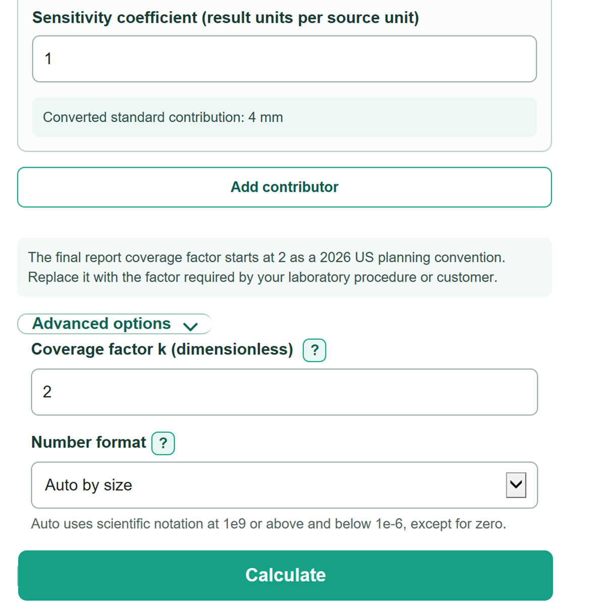 Example inputs for Measurement Uncertainty Budget and GUM Propagation Calculator